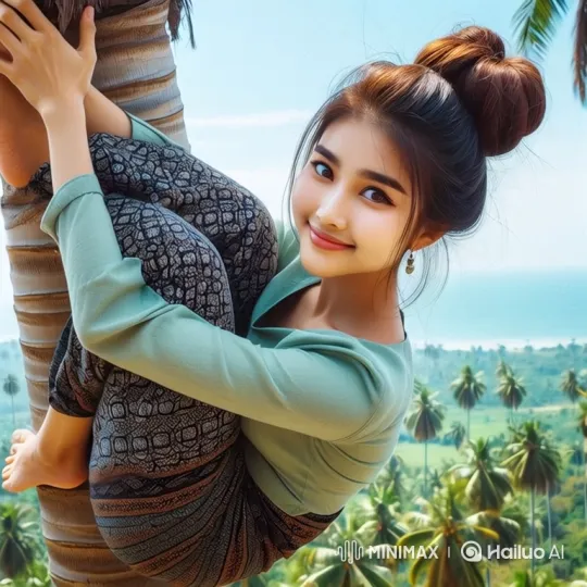 Young Woman in Palm Tree with Panoramic Coastal View – AI Generated Video | Hailuo AI