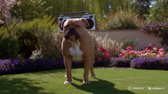 Muscular Dog Dances with Boombox in Garden – AI Generated Video | Hailuo AI