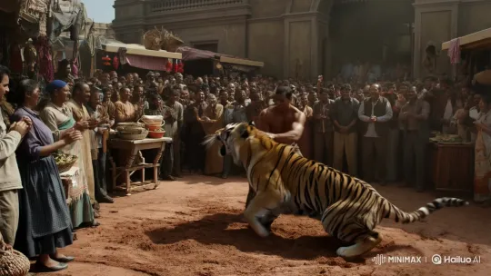 Man Fights Tiger in Crowded Market Amidst Onlookers' Cheers – AI Generated Video | Hailuo AI