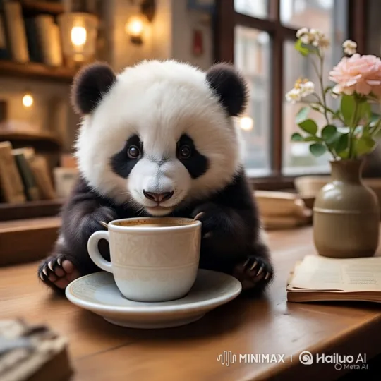 Baby Panda Mimics Drinking from a Coffee Cup – AI Generated Video | Hailuo AI