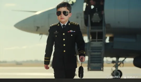 Child in Uniform Boards Army Transport Plane – AI Generated Video | Hailuo AI