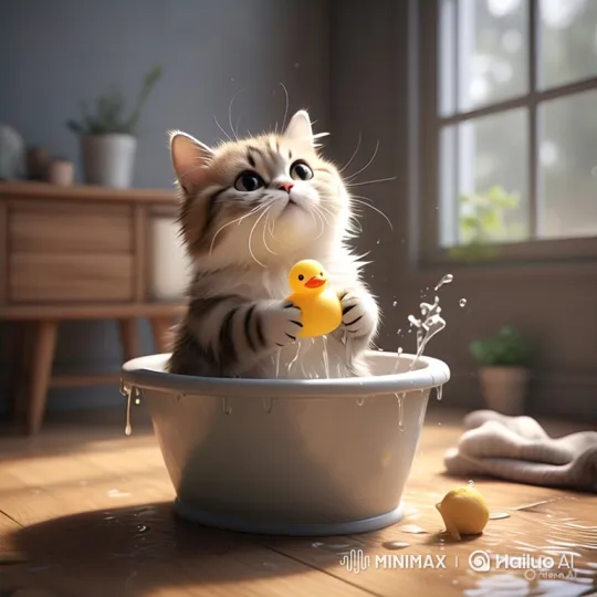 Tabby Kitten Playfully Swims with Rubber Duck in Water Bowl – AI Generated Video | Hailuo AI