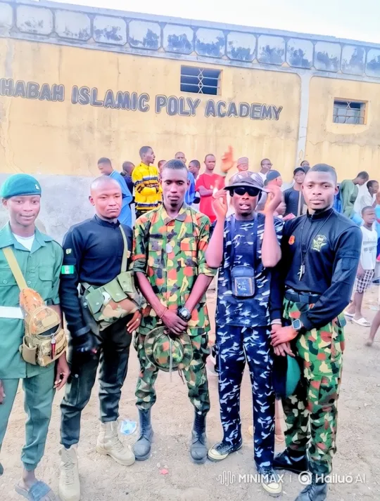 Five Young Men in Front of Islamic Academy Building – AI Generated Video | Hailuo AI