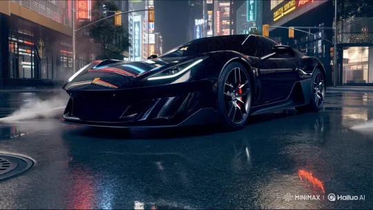 Modern Sports Car Showcased in Dynamic Night Cityscape – AI Generated Video | Hailuo AI