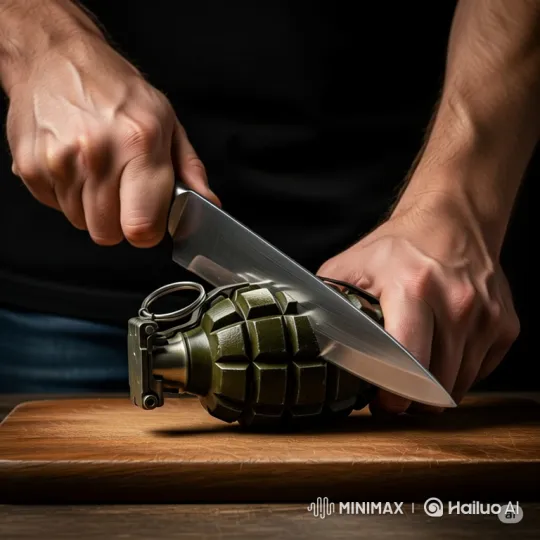 Intense Close-Up of Knife Slicing into a Grenade – AI Generated Video | Hailuo AI