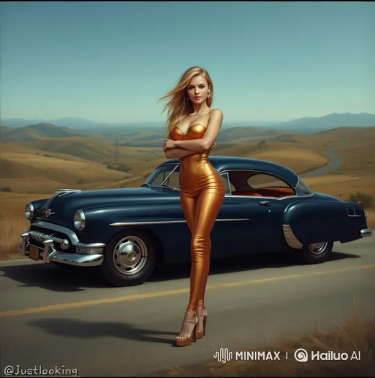 Stylish Woman in Gold Catsuit Poses on Deserted Road – AI Generated Video | Hailuo AI