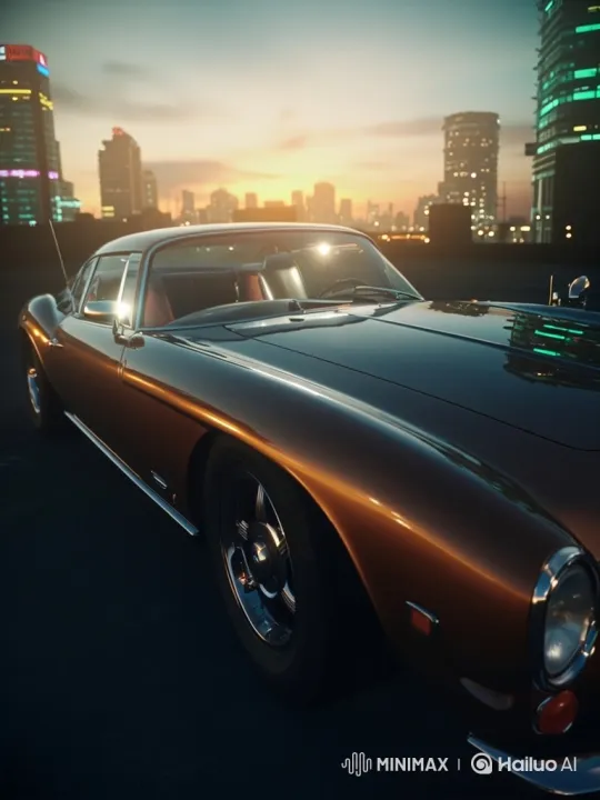 Vintage Sports Car Showcased on Rooftop at Twilight – AI Generated Video | Hailuo AI