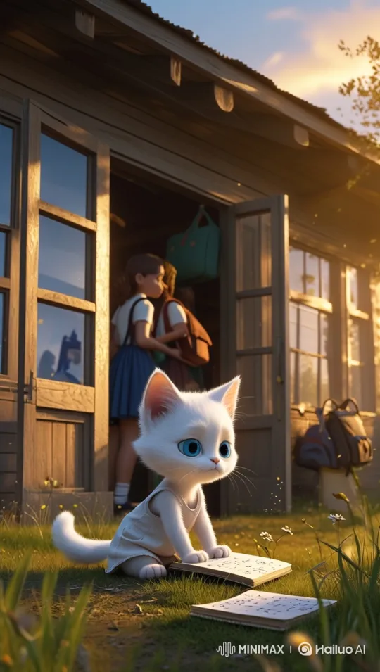 Kitten Observes Children's Departure in Golden Hour – AI Generated Video | Hailuo AI