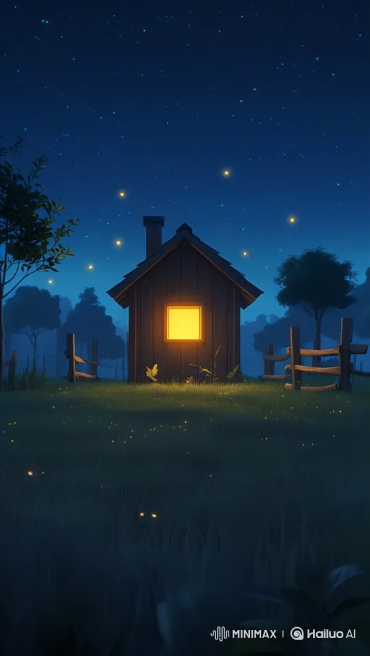 Nighttime Serenity: Cabin with Fireflies and Starry Sky – AI Generated Video | Hailuo AI