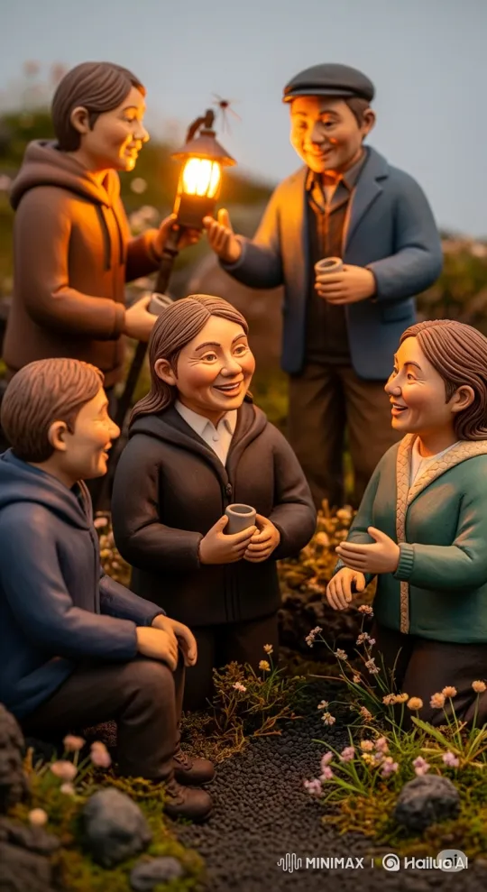 Animated Clay Figures Enjoy a Joyful Gathering at Dusk – AI Generated Video | Hailuo AI