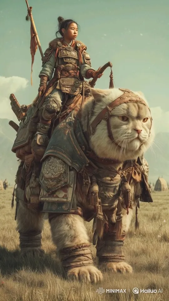 Young Warrior and Armored Cat Walk Across Plain – AI Generated Video | Hailuo AI