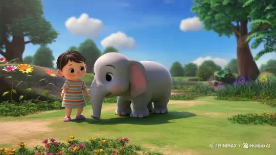 Child and Elephant Joyfully Interact in Meadow – AI Generated Video | Hailuo AI