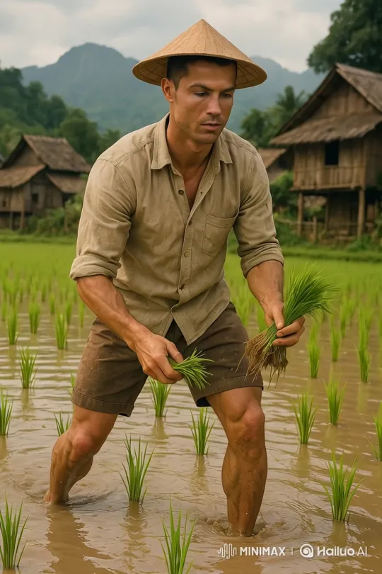 Retired Cristiano Ronaldo-Lookalike Plants Rice in Rural Village – AI Generated Video | Hailuo AI