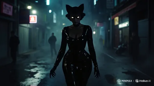 Mysterious Woman in Catsuit Stalks Through Wet Alley – AI Generated Video | Hailuo AI