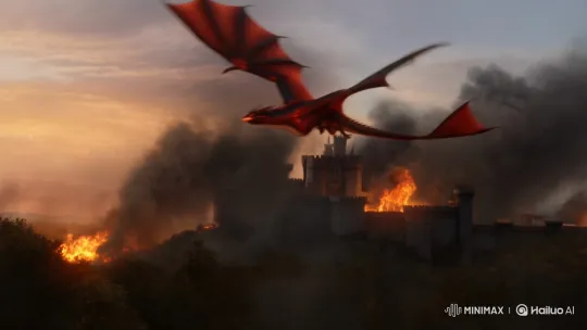 Majestic Dragon Destroys Medieval Castle at Dusk – AI Generated Video | Hailuo AI