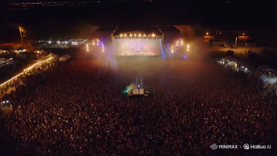 Nighttime Concert Aerial Push-In to Charismatic Artist – AI Generated Video | Hailuo AI