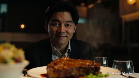 East Asian Man Enjoying a Steak in a Dimly Lit Restaurant – AI Generated Video | Hailuo AI