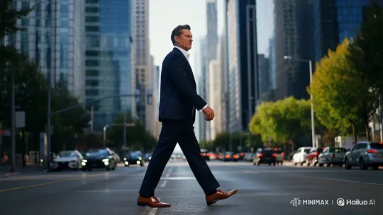 Powerful Businessman Strides Through Cityscape – AI Generated Video | Hailuo AI