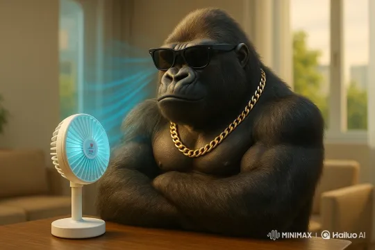 Gorilla Enjoys Personal Fan in Modern Room – AI Generated Video | Hailuo AI