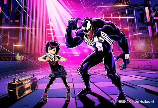 Peni Parker and Venom Dance to Boombox on Rooftop – AI Generated Video | Hailuo AI