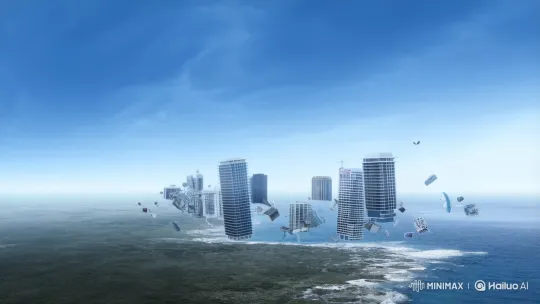 Surreal Ascension: Buildings and Ocean Float into the Sky – AI Generated Video | Hailuo AI
