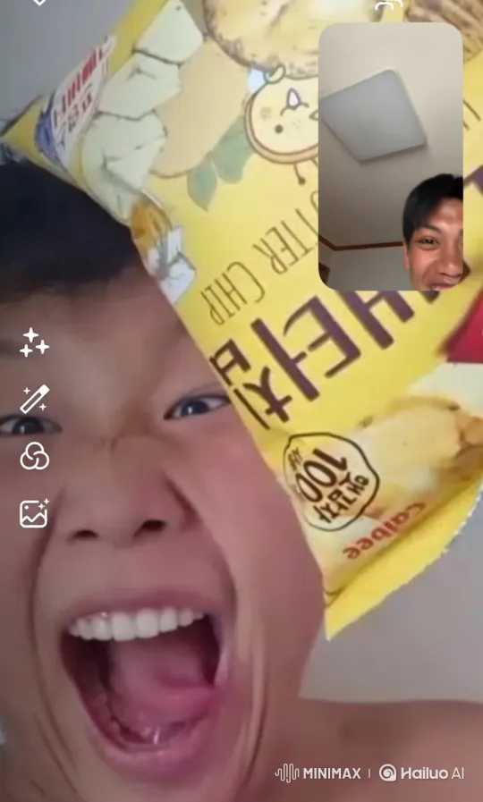 Boy Makes Goofy Face and Plays with Chips on Video Call – AI Generated Video | Hailuo AI