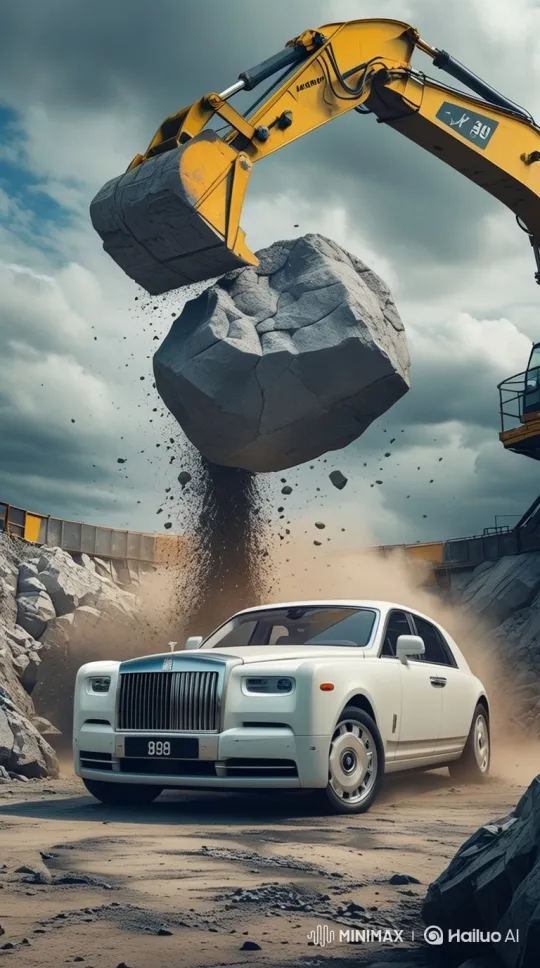 Dramatic Quarry Impact: Drone Captures Rock Crushing Rolls-Royce – AI Generated Video | Hailuo AI