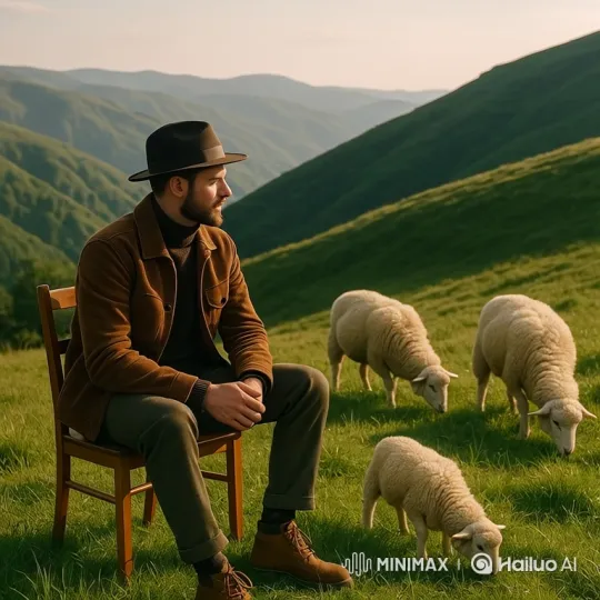Man Observes Sheep Grazing in Golden Hour Pasture – AI Generated Video | Hailuo AI