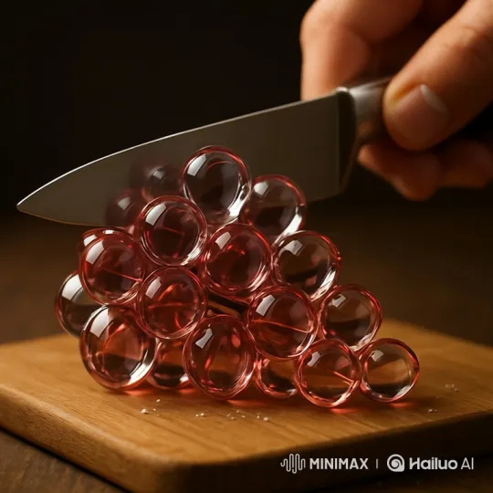 Artistic Slow-Motion Slicing of Glass Grapes – AI Generated Video | Hailuo AI