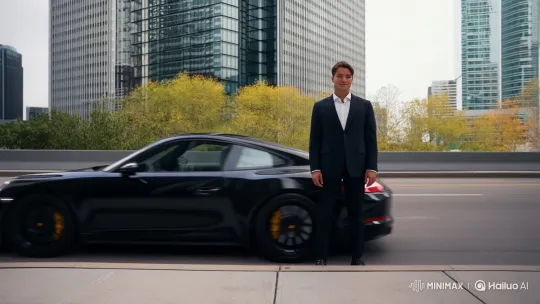 Stylish Man Enters Porsche on Bustling City Sidewalk – AI Generated Video | Hailuo AI