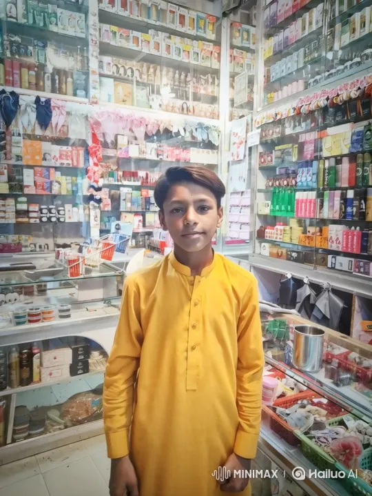 Young Boy in Vibrant Tunic Smiles Gently in Shop – AI Generated Video | Hailuo AI