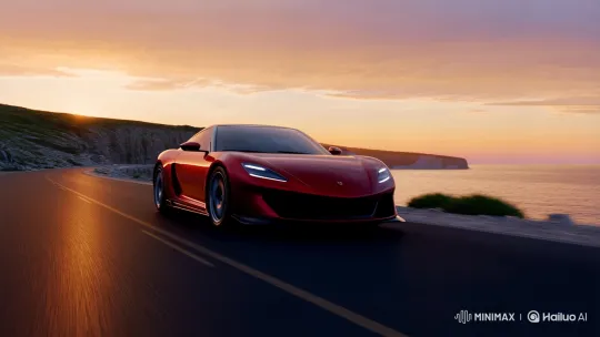 Modern Sports Car Glides on Coastal Sunset Highway – AI Generated Video | Hailuo AI