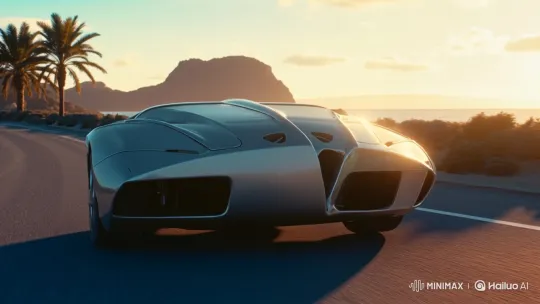 Futuristic Car Drives on Coastal Road at Dusk – AI Generated Video | Hailuo AI