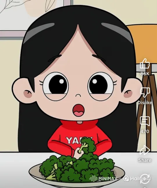 Cartoon Girl Eats Broccoli in Hesitant Surprise – AI Generated Video | Hailuo AI