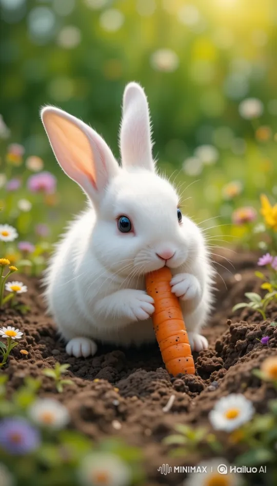 Fluffy Rabbit Finds and Eats Carrot in Garden – AI Generated Video | Hailuo AI