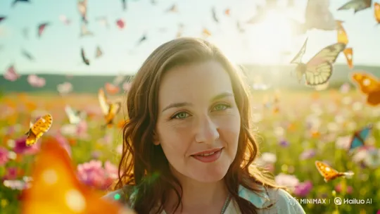 Woman in Sunlit Flower Field with Butterflies – AI Generated Video | Hailuo AI