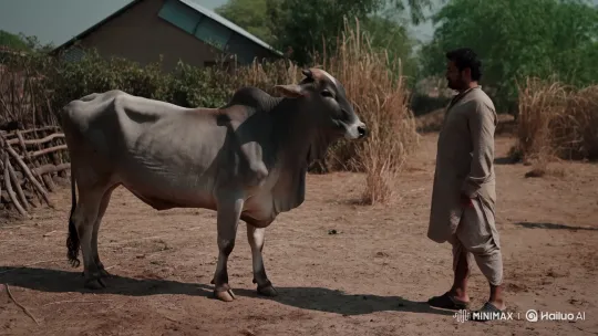 Rural Cow Strikes Owner in Dusty Yard – AI Generated Video | Hailuo AI