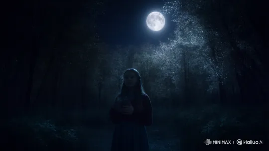 Young Girl's Night Forest Enchantment with Glowing Jar – AI Generated Video | Hailuo AI