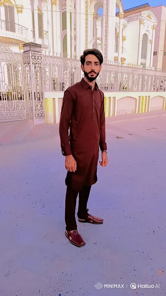 Young Man in Maroon Tunic Stands Calmly in Courtyard – AI Generated Video | Hailuo AI