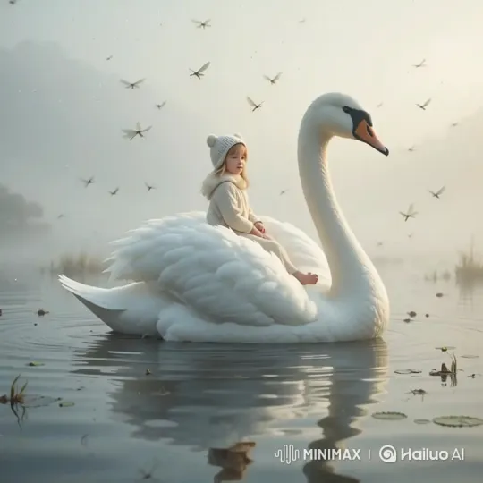 Girl on Swan: Serene Lake Ride with Insects – AI Generated Video | Hailuo AI