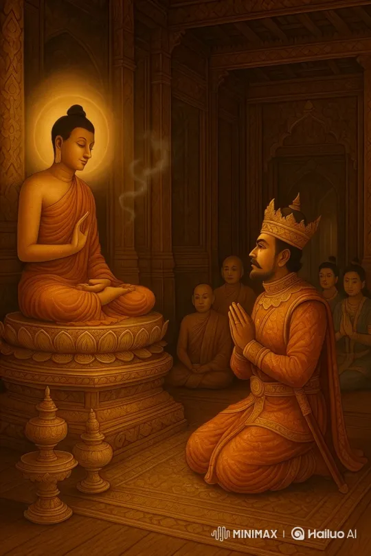Enlightened Figure and Reverent King in Serene Hall – AI Generated Video | Hailuo AI
