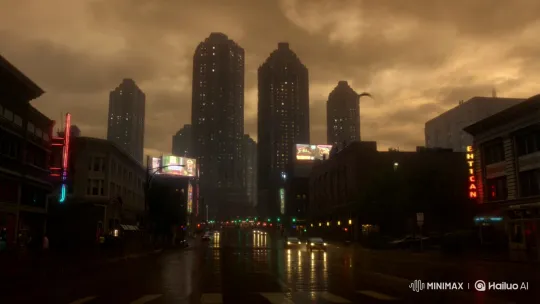 Dystopian City Street at Dusk with Slow Forward Camera Movement – AI Generated Video | Hailuo AI