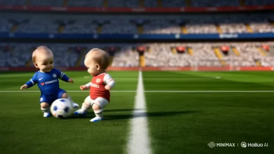 Toddlers in Chelsea and Arsenal Kits Play Football – AI Generated Video | Hailuo AI