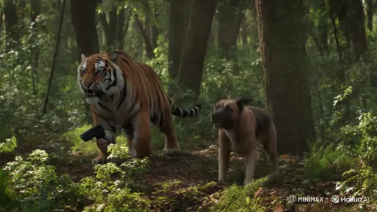 Tiger Hunts Dog in Forest with Gun – AI Generated Video | Hailuo AI