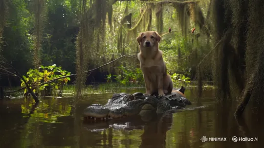 Dog Rides Alligator Through Swamp in Peaceful Journey – AI Generated Video | Hailuo AI