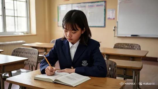 Student Deeply Concentrated on Writing in Quiet Classroom – AI Generated Video | Hailuo AI