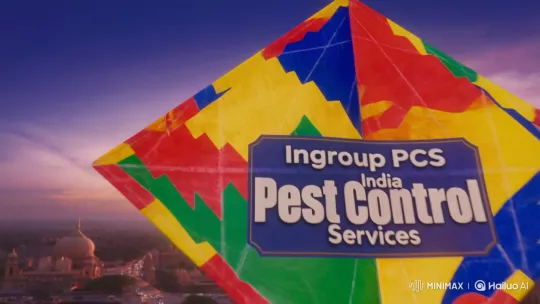 Ingroup PCS Kite Promotes Pest Control Over Indian City at Sunset – AI Generated Video | Hailuo AI