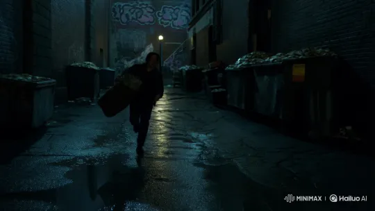 Desperate Escape Through Rainy City Alley with Bag of Money – AI Generated Video | Hailuo AI