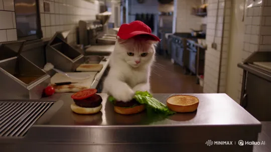 White Cat Assembles Gourmet Burger in Professional Kitchen – AI Generated Video | Hailuo AI