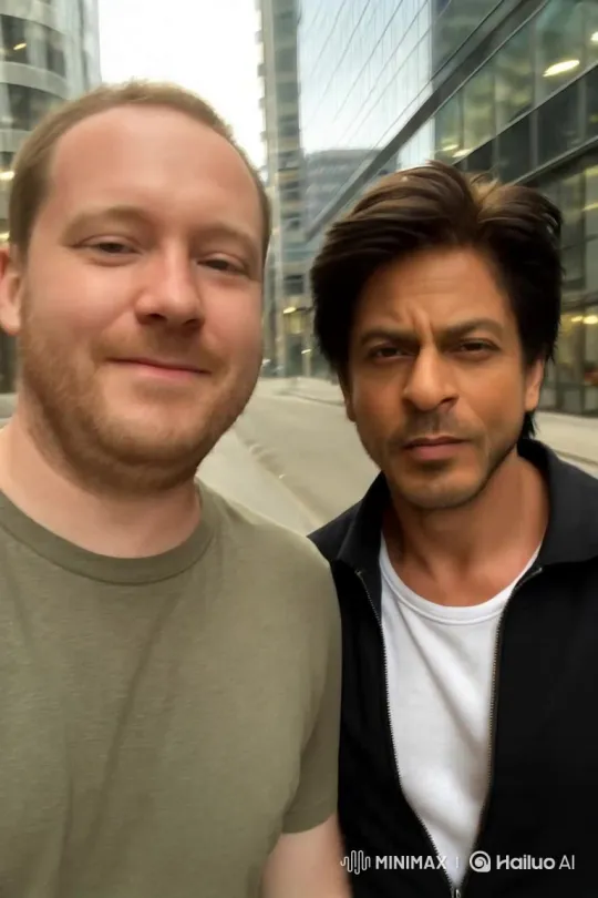 Selfie with Sharukh Khan Lookalike in City Streetscape – AI Generated Video | Hailuo AI